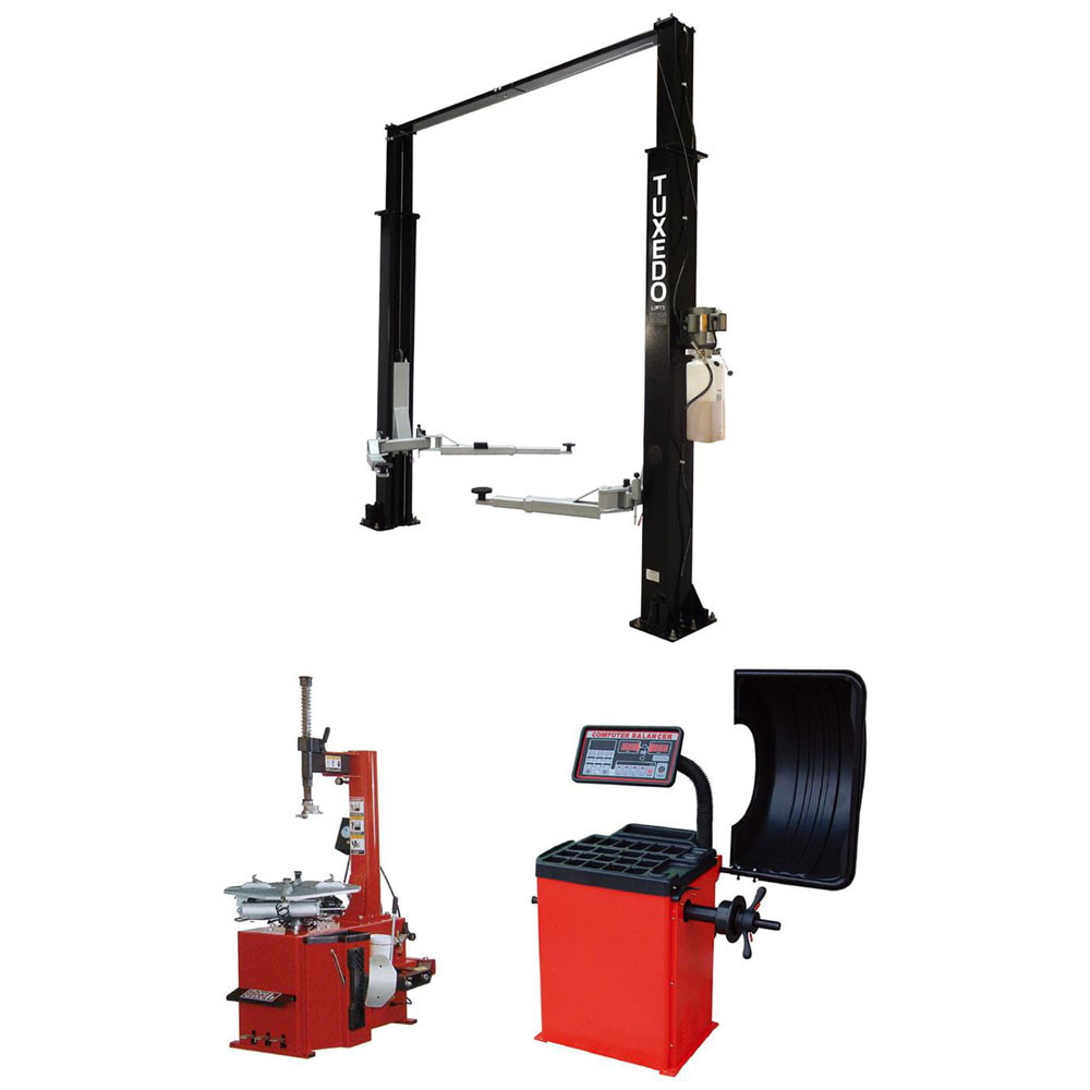 Tuxedo TP9KAC-TUX 9,000 lb 2 Post Lift, TC-530 Tire Changer, WB-953 Wheel Balancer Combo Package Tuxedo TP9KAC-TUX 9,000 lb 2 Post Lift, TC-530 Tire Changer, WB-953 Wheel Balancer Combo — Steel Bay Automotive Supply