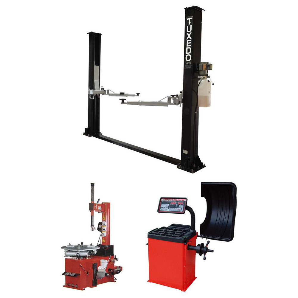 Tuxedo TP9KF-TUX 9,000 lb 2 Post Lift, TC-530 Tire Changer, WB-953 Wheel Balancer Combo Package Tuxedo TP9KF-TUX 9,000 lb 2 Post Lift, TC-530 Tire Changer, WB-953 Wheel Balancer Combo Package — Steel Bay Automotive Supply