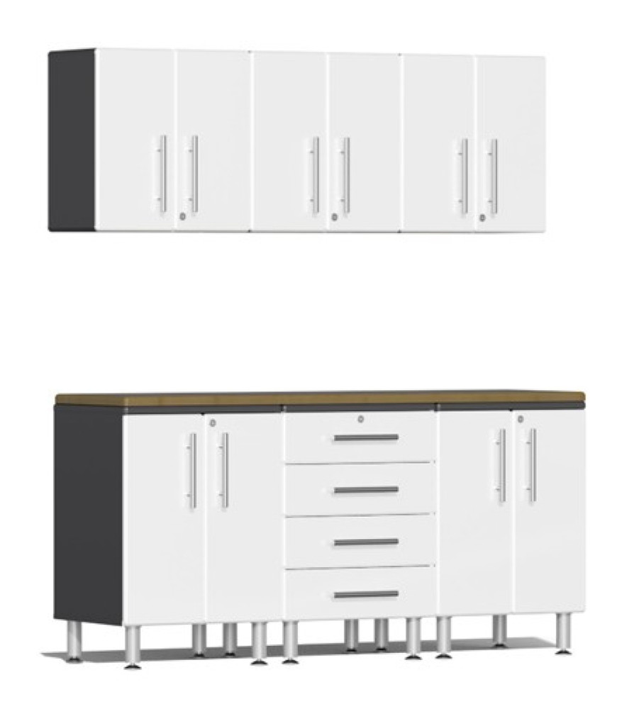 Ulti-MATE Garage 2.0 Series White Metallic 7-Piece Set with Bamboo Worktop Ulti-MATE Garage 2.0 Series White Metallic 7-Piece Set with Bamboo Worktop — Steel Bay Automotive Supply