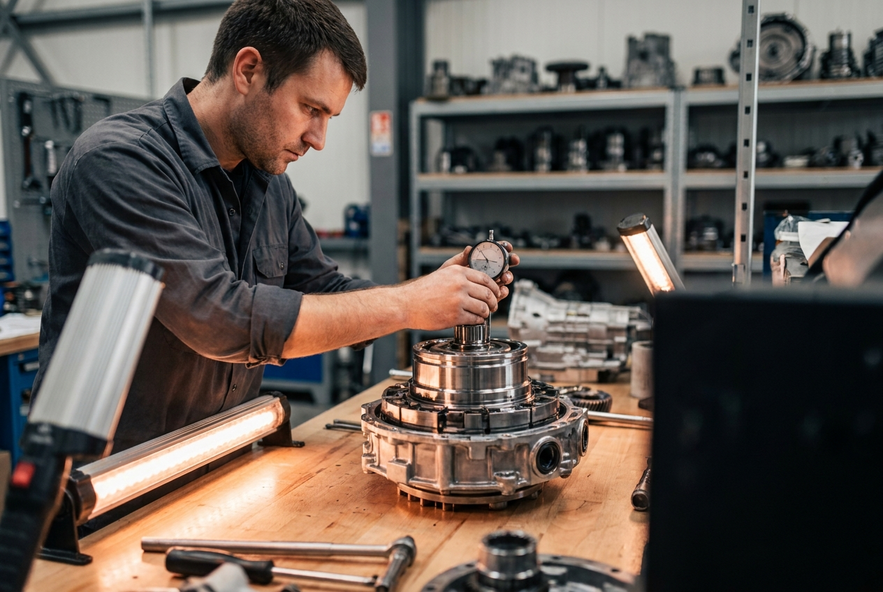 Technician inspecting a remanufactured transmission at Steel Bay