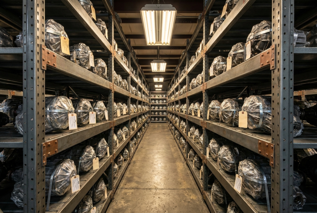 Warehouse of remanufactured transfer cases and differentials at Steel Bay