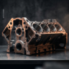 Remanufactured V8 engine block on a steel workbench at Steel Bay Automotive Supply