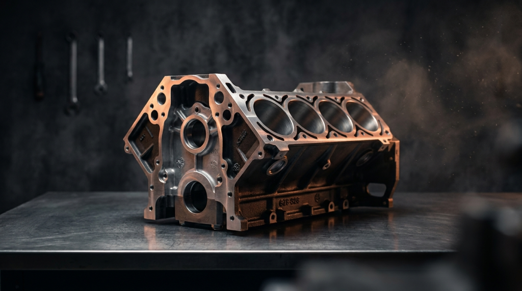 Remanufactured V8 engine block on a steel workbench at Steel Bay Automotive Supply