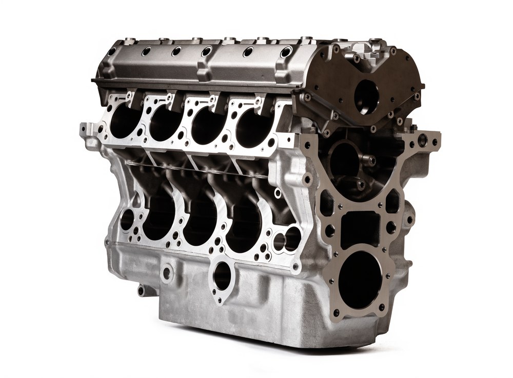 Remanufactured V8 engine long block on a white background at Steel Bay Automotive Supply